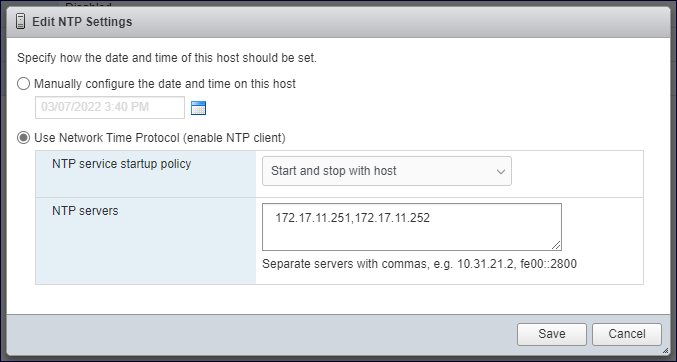 This image shows the ESXi web interface—Edit time configuration page.